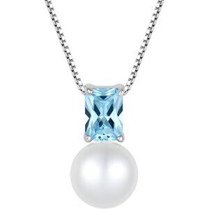 925 Sterling Silver Pearl Pendant Necklace with Baguette Birthstones for Women